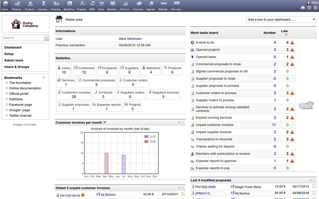 Interface Dolibarr CRM — tableau de bord commercial et gestion des opportunités